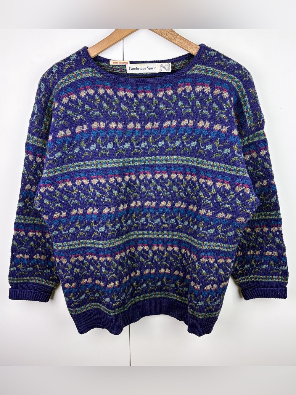 Vintage Wool Fair Isle Floral Crew Neck Sweater Purple Blue Winter Nordic Large